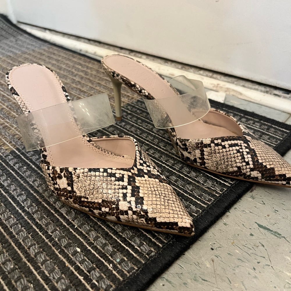 Zara Snakeskin Patterned Mules with Clear Strap
